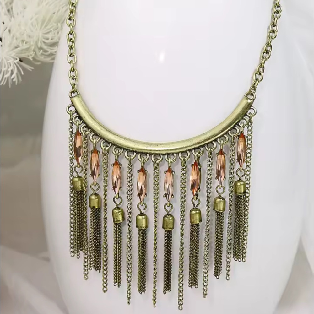 Brass Curved Bar, Tassel & Marquise Morganite Bohemian Style Statement Necklace!